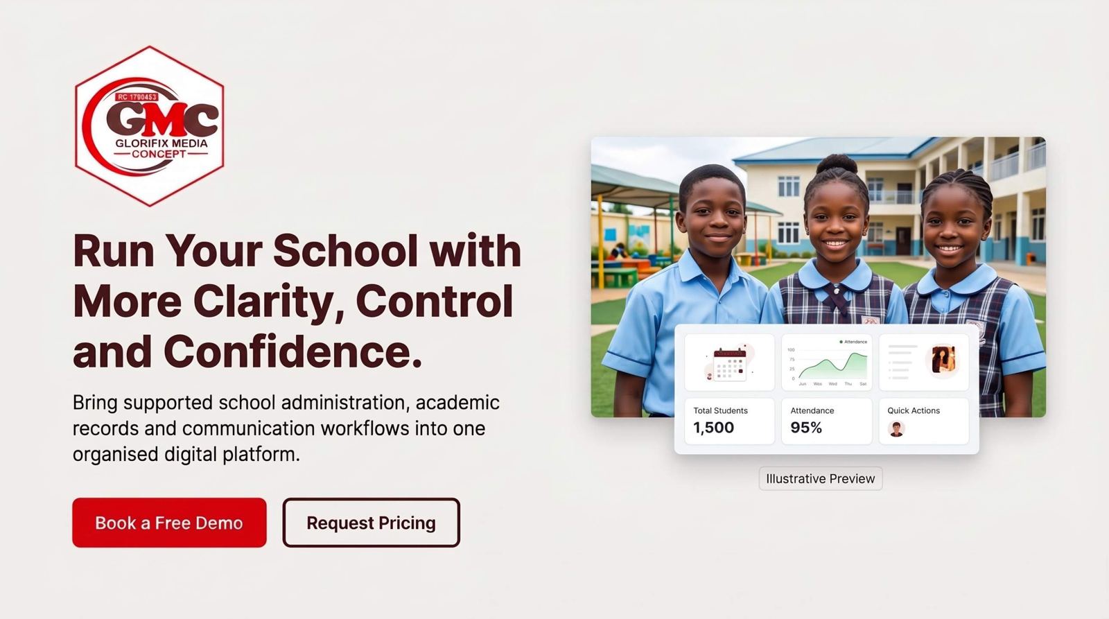 Glorifix Media Concept banner 1 of 2: Run Your School with More Clarity, Control and Confidence. Illustrative preview.